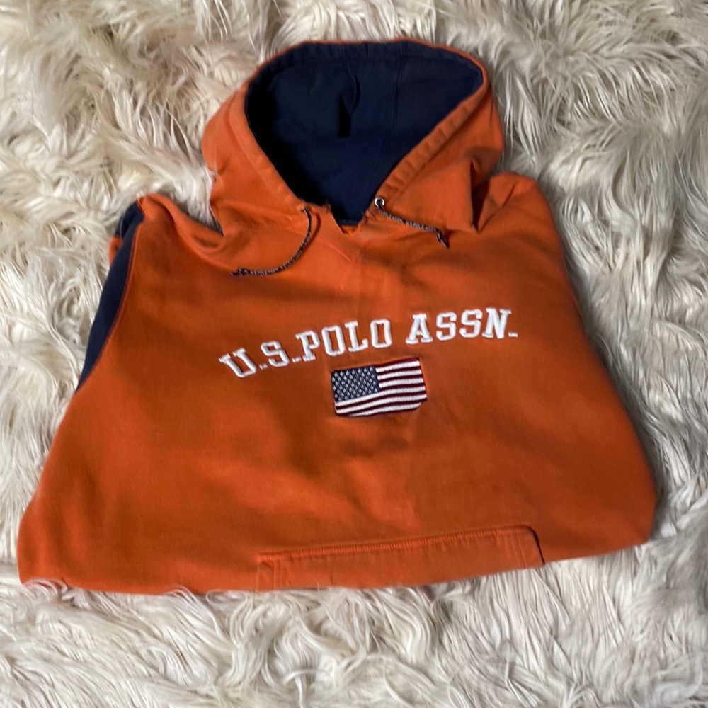 Vintage U.S. Polo Assn. orange and navy distressed hooded sweatshirt